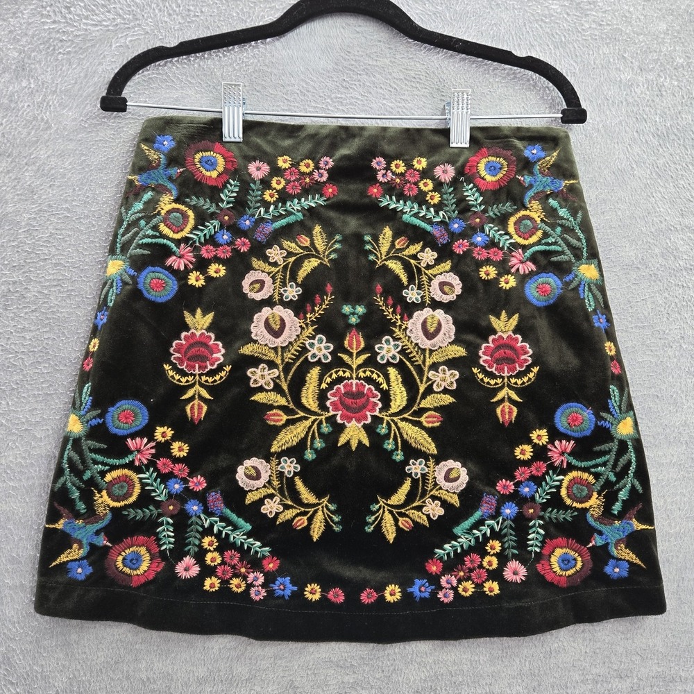 Umgee Women Skirt‎ S Green Floral Embroidery Velvet Embroidered (lining)